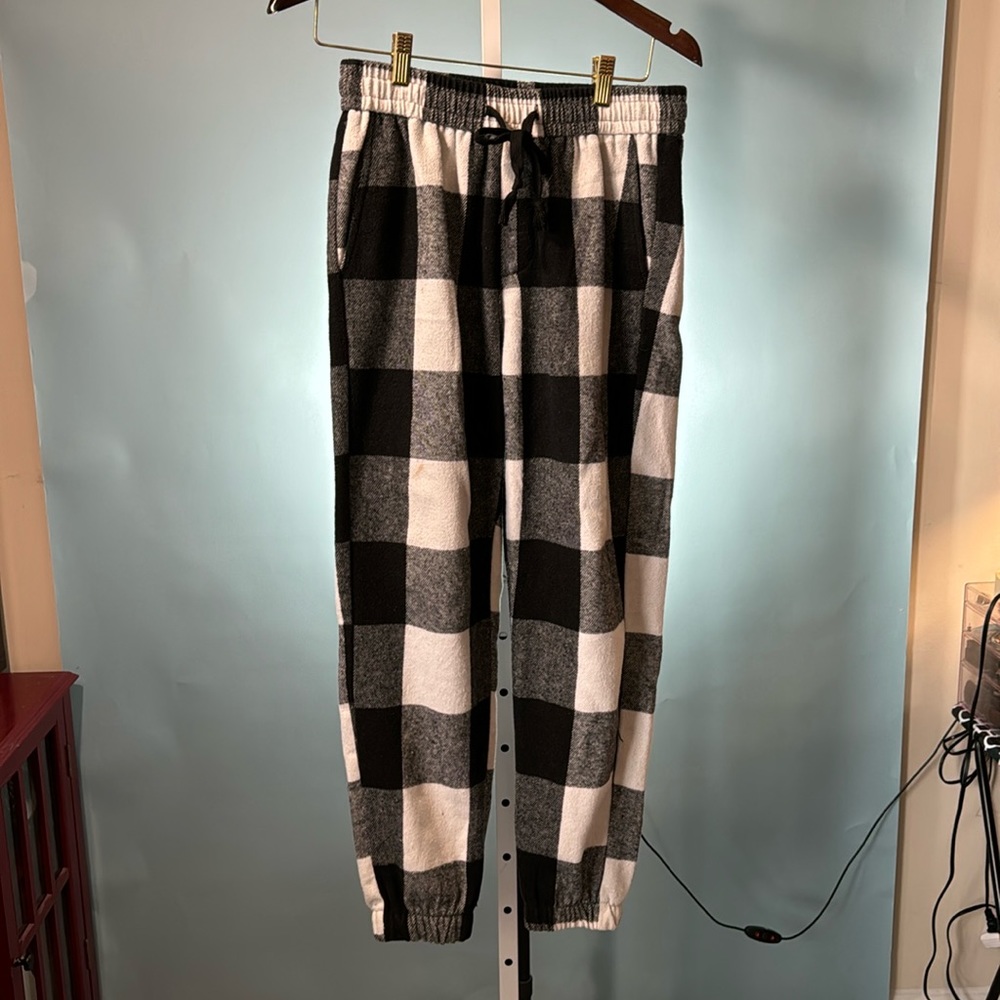 Shein Men Drawstring Waist Gingham Pants Black & White Size S (36)